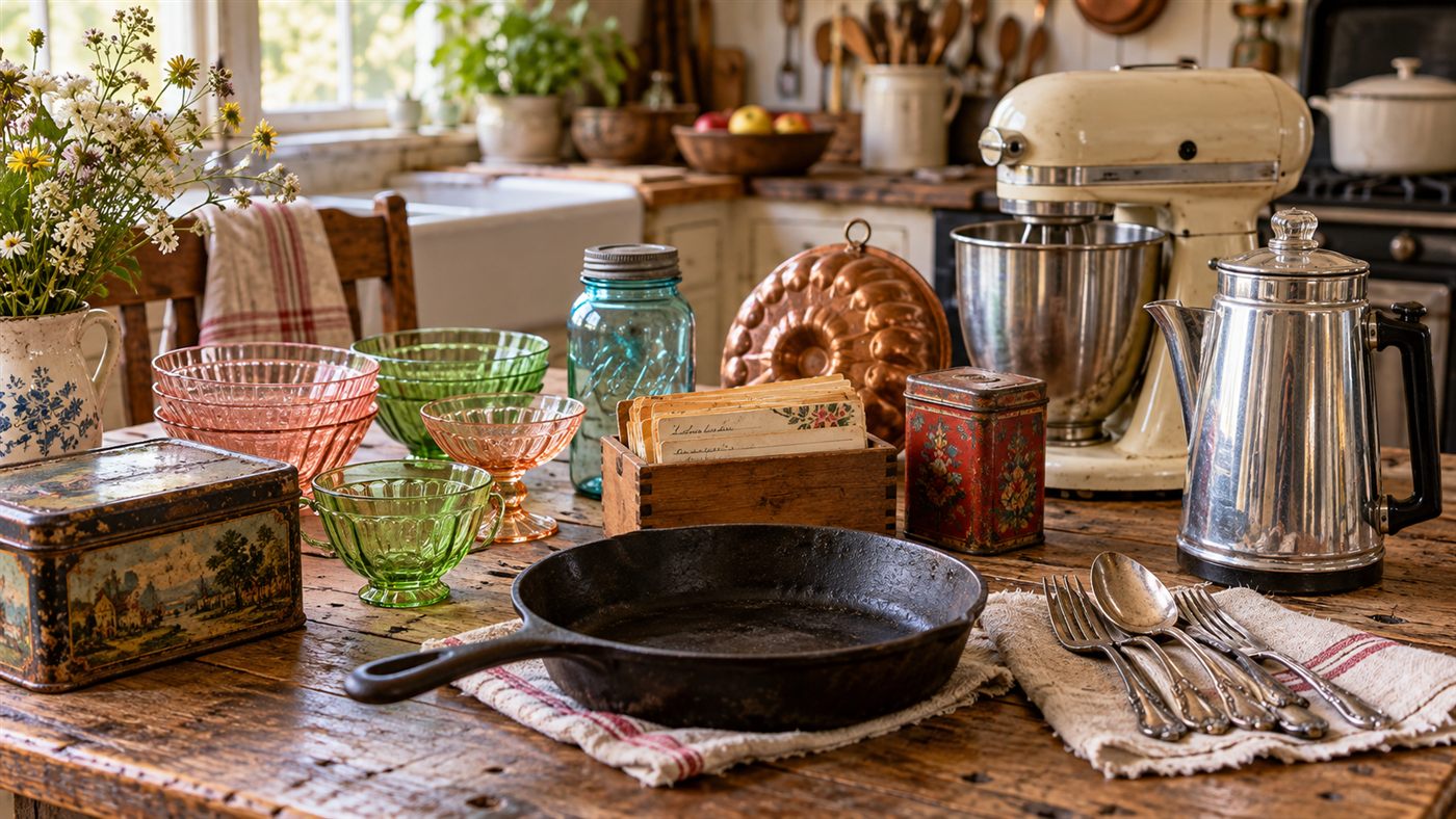 Vintage kitchen collectibles including cast iron, glassware, a coffee percolator, mixer, tins, mason jar, silverware, recipe box, and copper mold